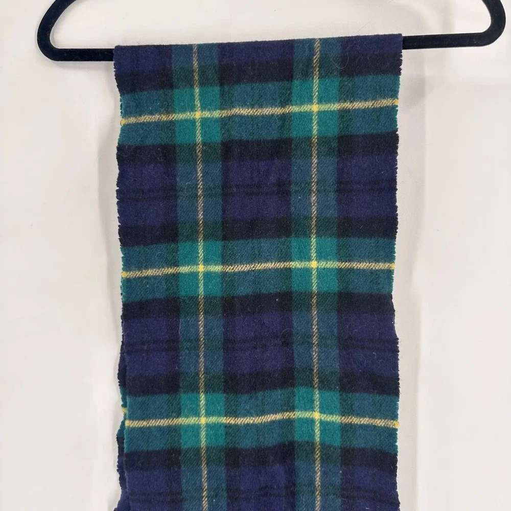 Vintage‎ Ireland lambswool Winter Scarf Tartan Plaid Blue Green Yellow Men